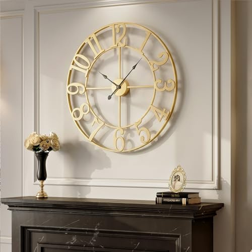 Cuspin Large Wall Clock 30 Inch, Decorative Gold Clocks Silent Non Ticking Battery-Operated for Living Room Kitchen Mantel Decor, Metal Round Modern Wall Clocks Arabic Numerals