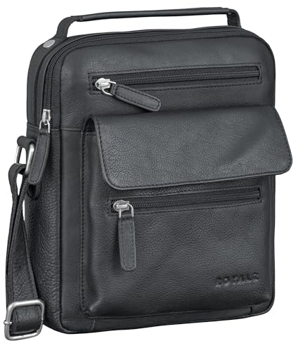 ROYALZ Chandler moderne Handtasche Herren klein Leder mit Henkel - Männer Tasche zum Umhängen Umhängetasche Schultertasche Crossbody Messenger Bag viele Fächer Echtleder;Farbe:Schwarz