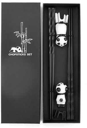 2 paia Bastoncini Riutilizzabili con Porta-Bacchette Panda,24cm Bacchette Fibra Riutilizzabili Set,Bacchette Sushi con Porta Bacchette Panda in Ceramica,per Sushi, Noodles