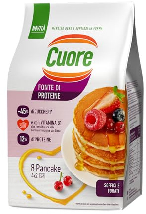 Cuore - Pancake fonte di proteine. Confezione da 8 pancake soffici e dorati. Con Olio Cuore e Vitamina B1. Ideali per Colazione e Merenda