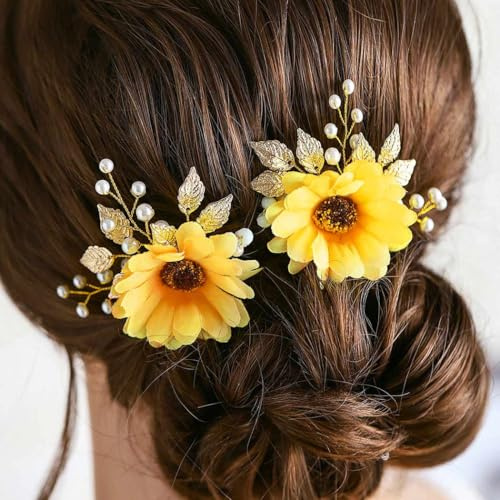 Evlry Sonnenblumen Hochzeit Haarnadeln Gold Perlen Haarschmuck Blatt Braut Haarteile für Frauen und Mädchen (2 Stück)