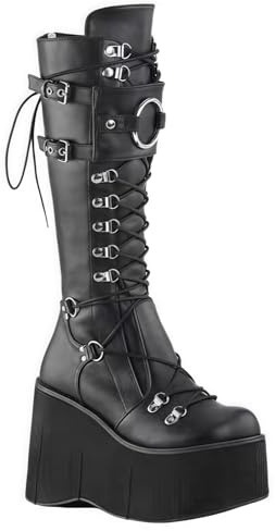 FQLGJMY Mujeres rodilla alta cuña plataforma botas con tacón alto grueso encaje y cremallera Punk gótico medio ternera botas de combate moto botas con hebillas de metal para otoño invierno