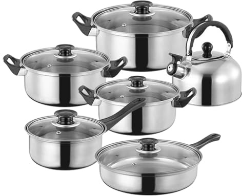 NIYANGLE Juego de 12 utensilios de cocina de acero inoxidable con cacerola, sartén, hervidor, ollas y sartenes para cocinas de inducción, gas y eléctricas.
