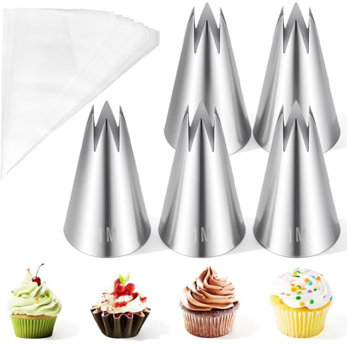 Stainless Steel Piping Bags and Nozzles, 1M Large Star Pastry Decorating Tips with 20 Disposable Piping Bags for Cake Cookie Cream Decorating