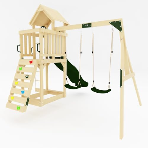 GALACTICA Outdoor Wooden Swing and Slide Set for Kids, 2 Seats, Steering Wheel, Handles, Rock Wall & Rope Ladder, Telescope, Sturdy Weather-Resistant Frame