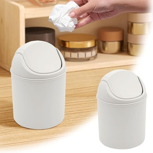 Tiny Desktop Trash Bin,Tiny Waste Paper Bin,Desktop Trash Can With Lid, Dressing Table Waste Bin,Offices Desk Bin, Desk Compact Design Cosmetic Bin for Home, Offices, Vanity Tabletop (White)