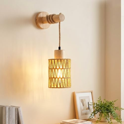Rravdst Rattan Boho Wall Sconces, Wall Lights Indoor, Boho Wood Wall Lamp E27 Woven Lantern Wooden Wall Sconces, Rattan Wicker Lampshades Wall Light Lantern for Living Room Bedrooms Hallway Entryway