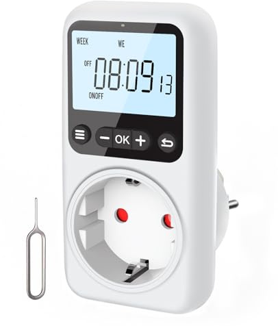 lunvera Enchufe Temporizador Programador Digital, 18 programas hasta el Segundo, función de Cuenta atrás, batería Recargable, Enchufe programable para luz y Luces navideñas 16A 3680W (1)