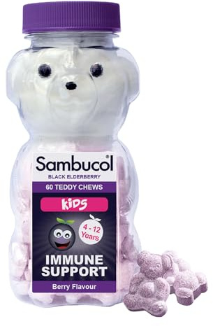 Sambucol Natural Black Elderberry Kids Chewable Teddies| Vitamin C | Immune Support Supplement | 60 tablets