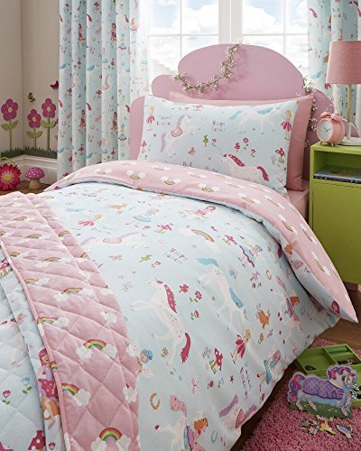 Kidz Club Magical Unicorns Childrens Double Bed Duvet Cover and Pillowcases Set, Blue