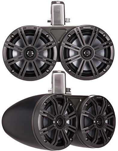 KICKER 45KMTDC65 Marine Tower Speakers with Swivel Clamps & 45KM654L Speakers Charcoal Grills with Black Enclosures