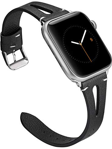Wearlizer Black Leather Strap Compatible with Apple Watch Strap 41/38/40/42mm iWatch Womens Triangle Hole Wristband Sport Replacement Bracelet (Metal Silver Buckle) SE Series 11 10 9 8 7 6 5 4 3 2 1