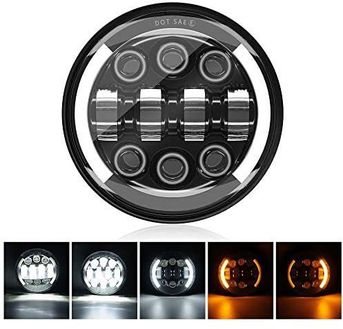 MONDEVIEW Optique Moto Full LED Chromé Phare Rond de 5 3/4 Phare LED Cree 55W 20000LM 6000K+4300K Feux de Route Croisement Lenticulaire 9-30V HI LO Beam DRL Scooter Avec Câble H4-H13