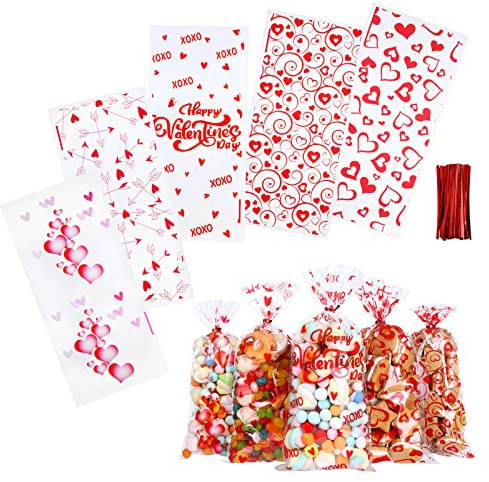 Kesote Cellophantüten 100x Zellophan Tüten Valentinstag Kekstüten Süßigkeiten Gebäckbeutel Hochzeit Geschenkbeutel Transparent Taschen (5 Motive)