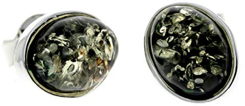 Green Baltic Amber 925 Sterling Silver Delicate Stud Oval Earrings M637G