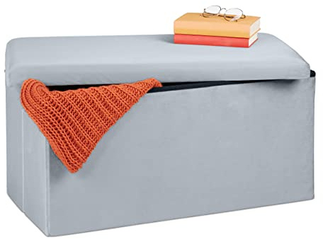 Relaxdays Sitzbank mit Stauraum, Samt, 80 L, Flur, Wohnzimmer, hellgrau | gepolstert, faltbar, Truhenbank, 38x77x39 cm