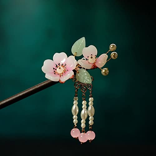GLDW Chinesische Haarnadel,Retro-Holz-Haarstab, Traditionelle Haarnadel, Rosa Kirschblüte, Blumenimitat, Kristallquaste, Handgefertigte Haarstäbchen, Gabeln, Schmuck Für Frauen, Langes Haar