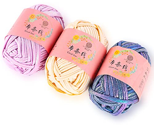 iSuperb 3 Pack Baumwollgarn Grün Handstrickgarn Set Textilgarn zum Häkeln und Stricken,Strickgarn, weiches Kerngarn,Fabric Cloth T-Shirt Yarn für Teppiche Decke Schale Matte (Lila, Blau, Khaki)