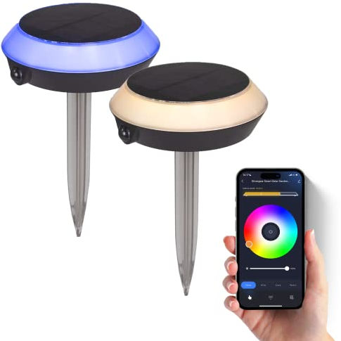 Silvergear® RGB Solar Gartenleuchten für Außen mit APP, 2er Pack | IP65 Wasserdicht | Auto-ON/OFF | Bunt Solar Gartenbeleuchtung 5W | Licht-Sensor Fernbedienung | 16 x 23 cm [Energieklasse A]
