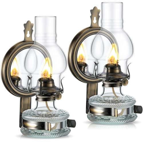 Yexiya 2 Pcs Large Kerosene Lamp Lantern Chamber Oil Wall Mounted Vintage Glass Clear Kerosene Lamp Rustic with Oil Wick for Rustic Indoor Home Decor Lighting(Aeneous)