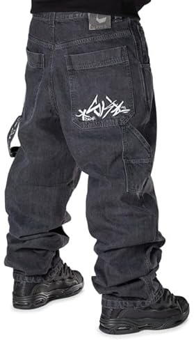 The blueskin Jeans Baggy Uomo Pantaloni Larghi per Uomo e Ragazzo Stile Skate Rap Baggy Hip Hop Nero Used Stone Wash Scuro - W 32 IT 46