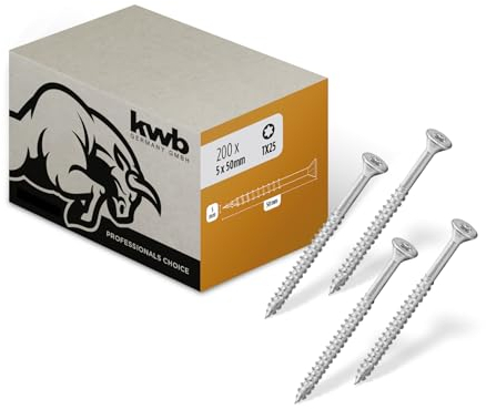 kwb Holzschraube 5x50 mm, TX25, 200 Stück, Holzschrauben TORX, Spanplattenschrauben, Schrauben für Holz, Teilgewinde, Cr3-Beschichtung, Typ-17-Bohrspitze