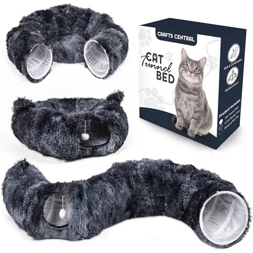 Katzentunnelbett mit 8 Federspielzeugen – Plüsch Peekaboo Katzenhöhle für Haustiere im Innenbereich – Vielseitiger Katzen-Donut-Tunnel für Indoor-Katzen – Faltbarer Kätzchen-Bett-Tunnel