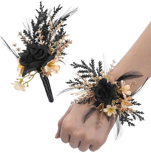 PartyforU Black Corsage Boutonniere Set - Dark Rose Boutonniere Wrist Corsage Kit Prom Corsage Wristlet Boutonniere Artificial Flowers for Best Men Goth Wedding Bride Groomsmen Ceremony Anniversary