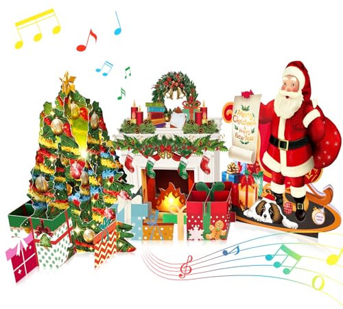 FITMITE Karte Weihnachten mit Musik und Licht 3D Pop Up Kamin-Weihnachtskarte mit Umschlag für Kinder Mädchen Frauen Mann Weihnachten Geschenk