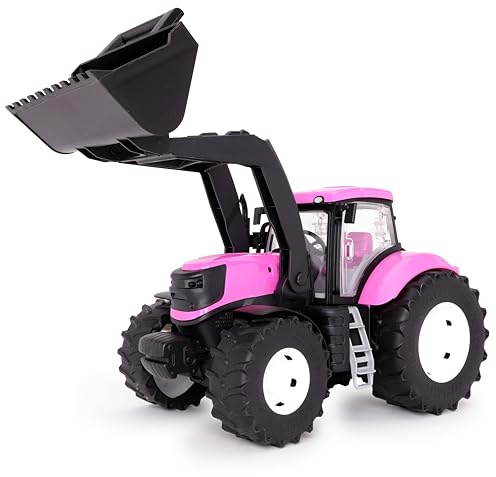 Toyland® 39 cm (15 Zoll) rosa Traktor mit zu öffnenden Türen und anhebbarem Frontlader – Maßstab 1:16 – Spielzeug-Landwirtschaftsfahrzeuge