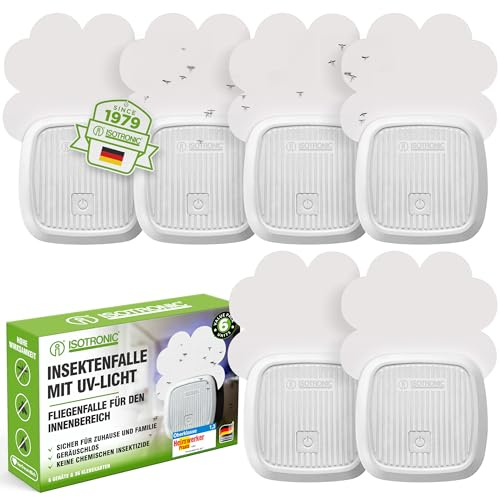 ISOTRONIC Mückenstecker gegen Mücken, Fliegen & Motten – effektiver Mückenschutz mit UV-Licht & Klebefolien – lautloser Gelsenstecker für Innen – Mückenfalle mit 20m² Wirkungsbereich (6 Stück)