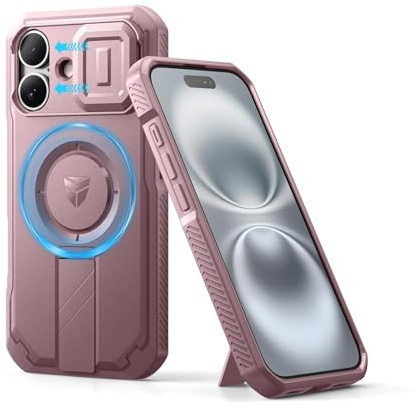 Dexnor Coque Compatible avec iPhone 16 Magnétique avec Couverture de Caméra Coulissante & Support Réglable, Boîtier de Résistant aux Pare Chocs Robuste - Poudre Pivoine