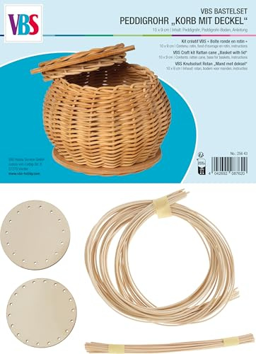VBS Bastelset Peddigrohr Korb mit Deckel 10 cm Durchmesser 9 cm Höhe Material Peddigrohr Holz DIY Kit Flechtkorb Handarbeit Korbflechten Anfänger Bastelbedarf