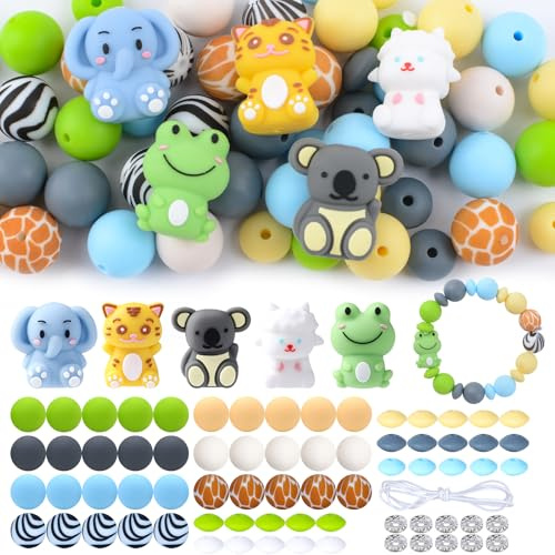 URROMA 76 pcs de Perles en Silicone Animaux 3D, Perles Rondes colorées | En silicone, perles d'espacement 3D pour bracelets, bijoux, porte-clés, DIY