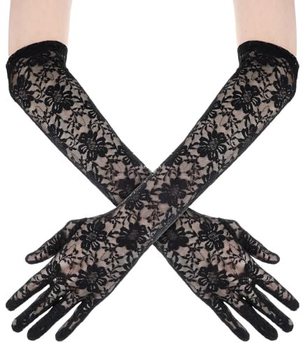 Teaaha Spitzenhandschuhe Schwarz, Stulpen Spitze Schwarz, Lace Gloves Black Long, Ellenbogen Blumen Spitzenhandschuhe, Damen HandschuheSchwarz Für Hochzeitsfeier, 1920er Kleider Damen
