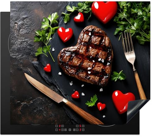 KitchenYeah© Herdabdeckplatte Einteilig Ceranfeld Abdeckplatte Küche Deko | 60x52 cm - Ceranfeldabdeckung Herdabdeckung Induktionsmatte Steak - Herz - Valentins Geschenke