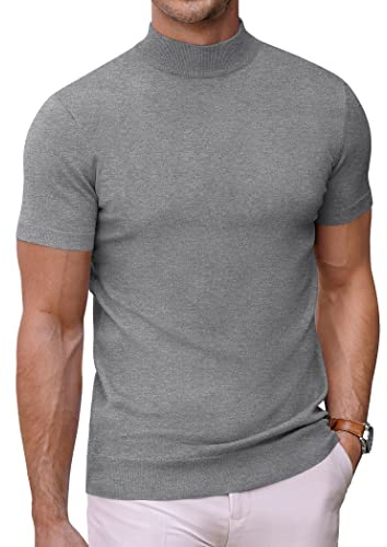 COOFANDY T-shirt för män kortärmad polokrage stickad jumper halvkrage herr undertröja ledig solid t-shirt slim fit, Grå, S