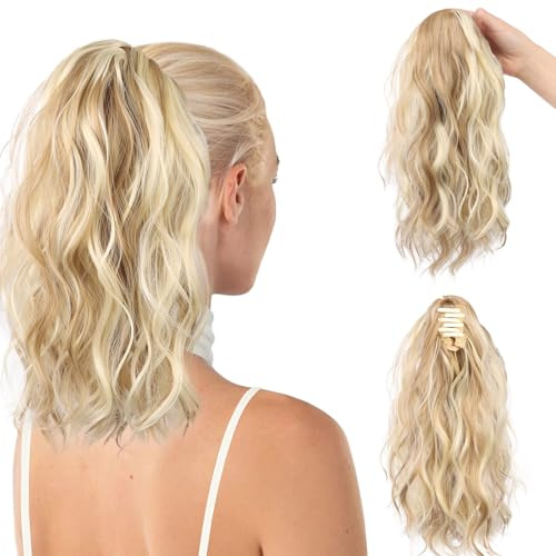 Lockige Haarverlängerung, Clip, Pferdeschwanz-Verlängerung, kurz, gelockt in Blond, 35,6 cm, gewellte lockige Haarspange, Schwanz-Haarverlängerung für Frauen für den täglichen Gebrauch, (Bleach Blonde