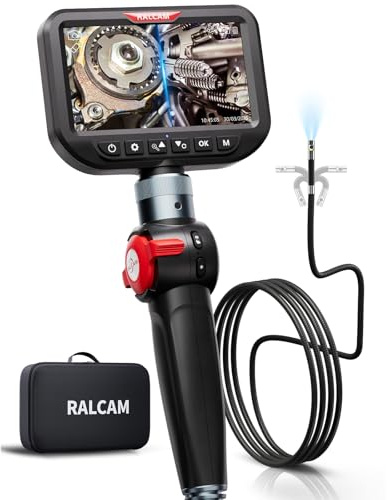 Ralcam Caméra Endoscopique avec Lumière, Endoscope Double Objectif 6,5 mm à Tête Orientable 180°, Écran IPS HD 5, Caméra d’Inspection Étanche IP67 avec Câble Semi-Rigide 1,5 m