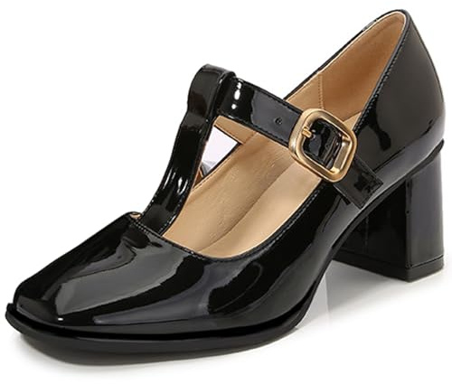 Mary Jane Retro Style Square Toe Pumps 6 cm blockklack med korsrem och spänne PU-läder halkfri sula, alla storlekar 35–46, svart, 40 EU