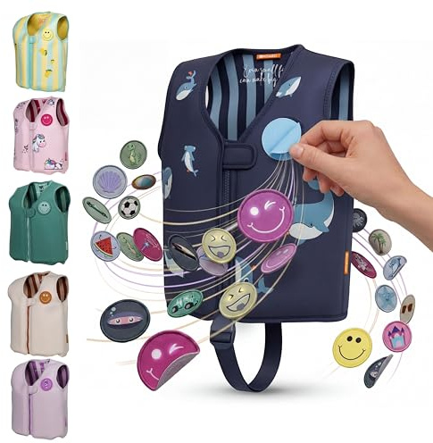 NOARD Kinder Schwimmweste (2-6 J. / 15-30 kg) Schwimmhilfe mit Schrittgurt | Wechsel-Patches für hohen Tragespaß | EN 13138-1:2021 | 8 herausnehmbare Schwimmkörper | weiches Neopren | Schwimmlernhilfe
