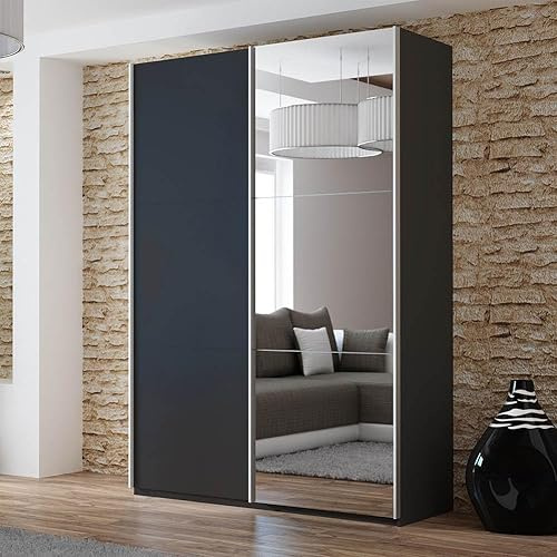 Krudox PRV 150 cm Schwarzer Schwebetürenschrank Mit Spiegel Breiten 122/150/200/250 cm Kleiderschrank Für Wohnzimmer Mit 2 Kleiderstangen Farben Weiß/Schwarz/Graphit