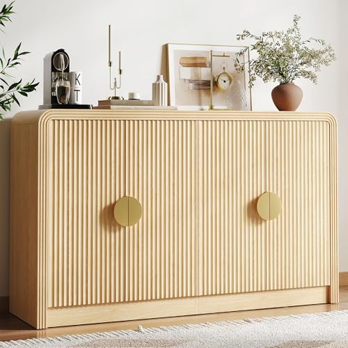Decofy 55 Buffet Sideboard Cabinet, Mid Century Modern Console Cabinet with Wavy Grain Doors & Adjustable Shelves for Kitchen Cabinets, Living Room, Entryway, Coffee Bar Cabinet (Natural Oak)