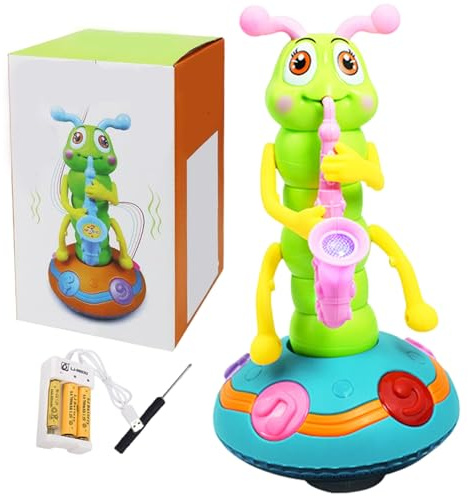 Wriggle Caterpillar, Bruco per sassofono elettrico danzante con musica e luce LED, sassofono giocattolo educativo sensoriale per bambini da 0 a 3 anni, giocattoli didattici, ricarica USB per bomboni