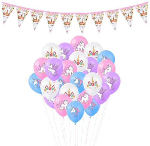 GTYHH 20 Ballons De Dessin Animé Et 1 Drapeau, Ballons De Fête De Cheval Arc-en-Ciel, Décoration De Couleur Rose Et Bleue, Accessoires sur Le Thème De La Princesse.