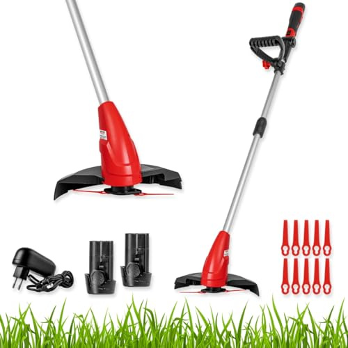 WALTER Akku Rasentrimmer 12V inkl 2X Li-Ion Akku, Schnellladegerät | 8500 U/min, 240mm Schnittbreite, ergonomisch, leicht, verstellbar, Trimmer mit 10 Ersatzklingen