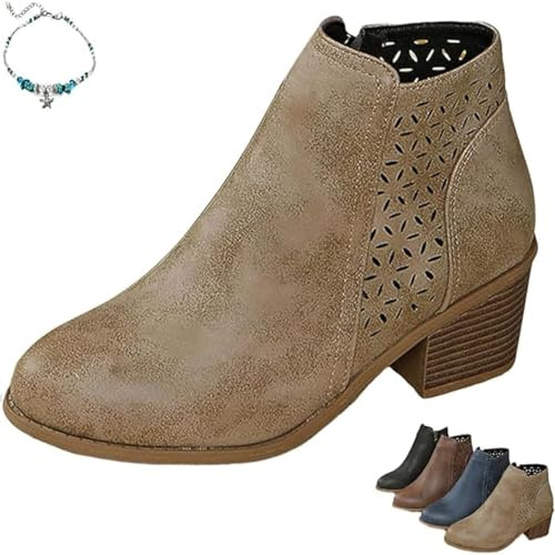 HESYSUAN Stivaletti ortopedici da donna con tacco medio spesso in pelle, per autunno inverno, punta a punta, tacco medio impilato, cerniera laterale, traspirante, barile traforato, stivali leggeri