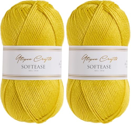 Utopia Crafts Softease - Filato per lavoro a maglia e uncinetto, 100 g (giallo agrumato) (Confezione da 2)