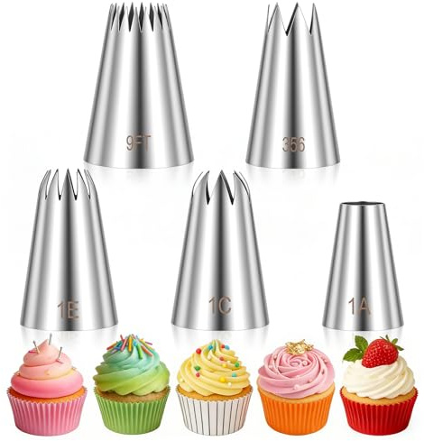 5PCS Spritztüllen Groß Spritztüllen Edelstahl Sterntülle für Spritzbeutel | Zuckerguss-Tüllen für-Tortendekoration DIY Keksdüsen-Set für-Cupcakes (1A 1E 1C 9FT 356)