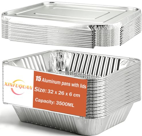 Aluschalen mit Deckel,Aluschalen Grill 15 Pack,Alu Grillschalen groß 3500ml | Grill aluschalen 32 x 26 x 6 cm Einwegschalen,Auflaufform groß für BBQ,Lasagne,Ofen,Party und Catering